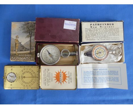 A mid 20thC Ansonia Sunwatch, together with a Pathfinder Map Measure and a compass, all boxed