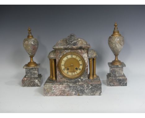 A Victorian grey marble three-piece Clock Garniture, clock with loose side panel,&nbsp;39cm high, 27cm wide. 