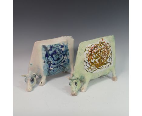 Lawson E. Rudge (b. 1936), a studio pottery sculpture of a Grazing Cow, H 26cm, together with another Cow, at fault (2) Prove