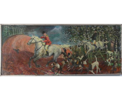 Lawson E. Rudge (b. 1936), The Hunt, oil on canvas laid down on board, signed L. E. Rudge lower right, 59cm x 140cm, framed, 