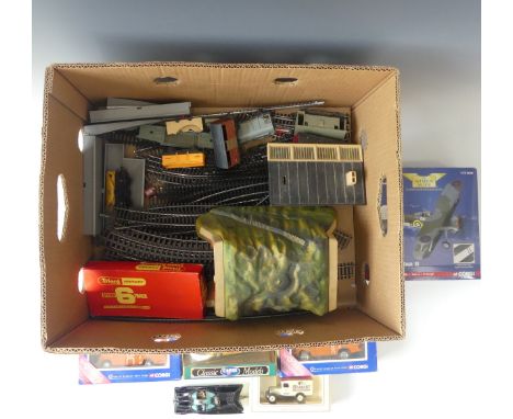 A collection of Model Railway items,&nbsp;including 7 Wagons, a Tunnel, a Station, track together with 2 boxed Corgi RAC vans