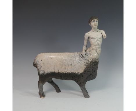 Lawson E. Rudge (b. 1936), a raku fired studio pottery sculpture of a Centaur, H 42cm. Provenance: from the studio of Lawson 