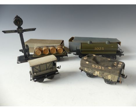 Bing '0' gauge 10/529/0 Petrol Wagon, green, 1025, boxed, and Bing 10/527/0 Barrel Car, green with chains and four wood barre