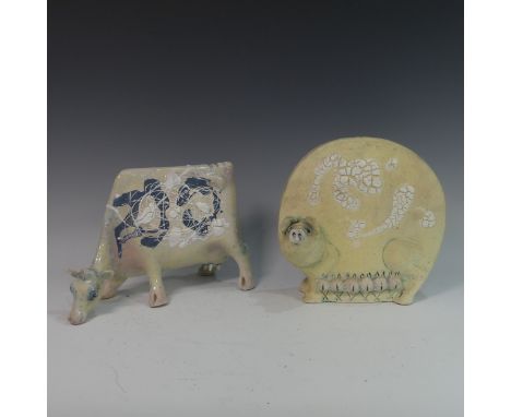 Lawson E. Rudge (b. 1936), a studio pottery sculpture of a Grazing Cow, H 22cm, together with a round Pig&nbsp;(2) Provenance