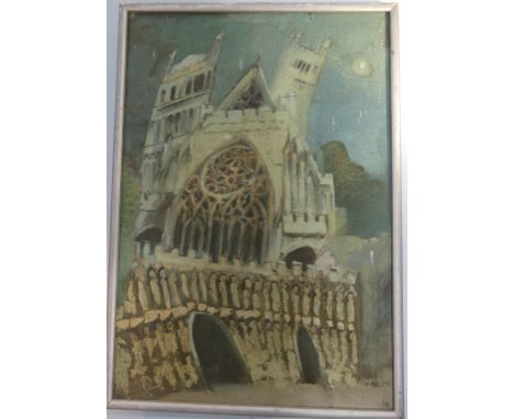 Lawson E. Rudge (b. 1936), Exeter Cathedral in moonlight, oil on canvas laid down on board, signed with initials lower right,