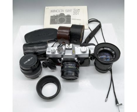 Included in lot - SRT201 with 50mm lens in carrying case with shoulder strap, Macro 50mm lens with caps, auto Vivitar wide-an