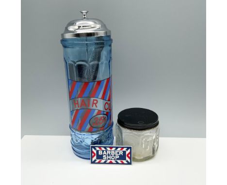 Comb disinfection jar with 3 combs included as well as an octagonal embossed jar and a magnet that reads Barber Shop. Largest