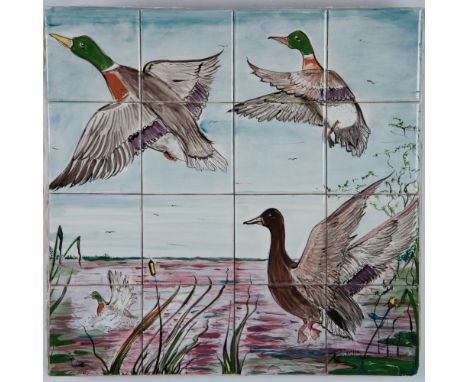 Original hand-painted ceramic tiles set on a wood board featuring a flight of ducks created by American artist Pati Mills, kn