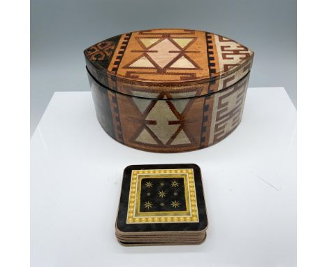 Enchanting collection consisting of a box from the Philippines designed with various symbols and a 6pc coaster set from Engla
