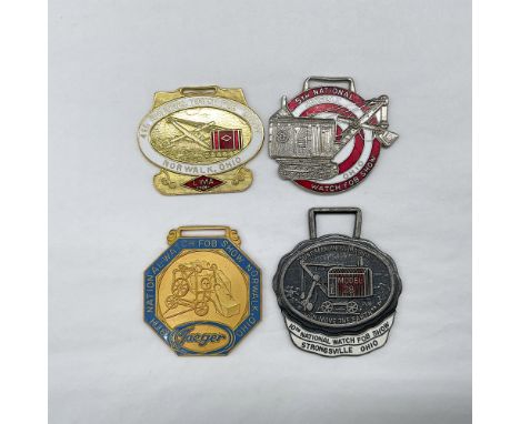 Metal finish with colored embossed design and lettering. First fob front view: 4th National Watch Fob Show - Norwalk, Ohio. L