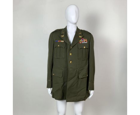 Green wool dress jacket with Army engineer lapel pins and WWII US Army hardware. 5 ribbon bars over left breast pocket, 2 rib