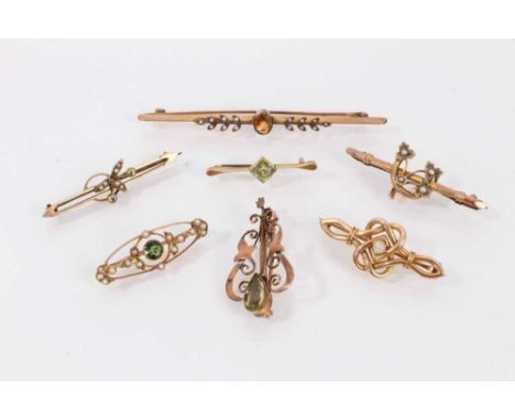 Group of seven Victorian and Edwardian gold gem set and seed pearl bar brooches Four 9ct gold brooches weigh 11.2 grams Two 1