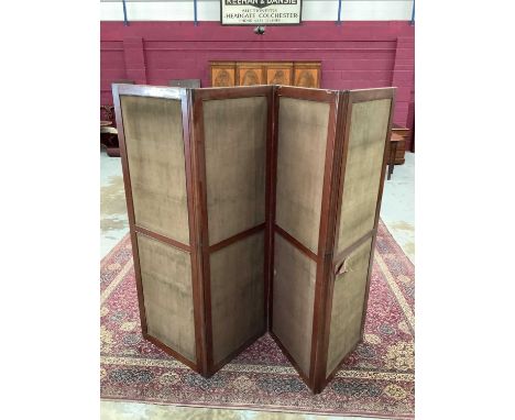 Late 19th/early 20th century mahogany framed brass mounted four-fold screen, each panel 177 x 62cm