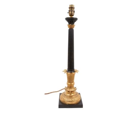 Antique Empire style bronze and ormolu table lamp, with fluted column and tooled circular base on square foot, total height 5