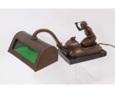 Art Deco bronzed piano light, with adjustable shade and ornamental figure of female nude conducting a frog, 33cm highLight is