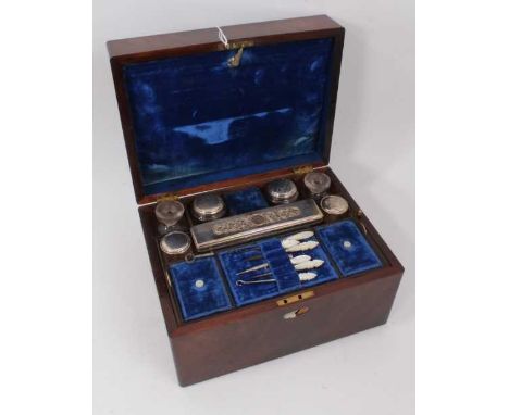 Victorian rosewood toiletry box with original fitted interior with mother of pearl and silver plated fittings, with removable