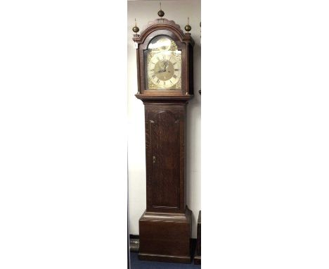 18th century 8-day longcase clock by Thomas Thorp, Colchester with arched gilt and silvered dial with strike silent to arch, 