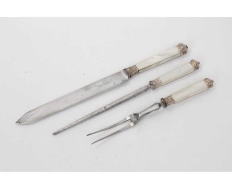 Good quality 19th century carving set, with white metal mounts and mother of pearl handles, comprising carving knife, carving