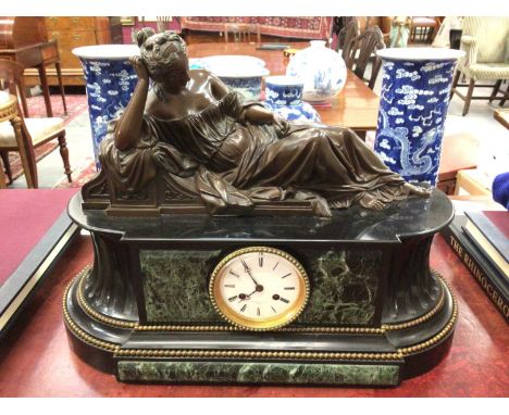 Impressive late 19th century French marble and bronze mounted mantel clock with reclining female figure mount, green variegat