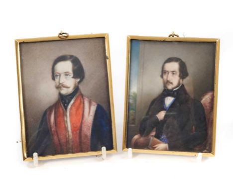 Pair of 19th century portrait miniatures on ivory, both half length depictions of the same Gentleman with moustache, framed, 