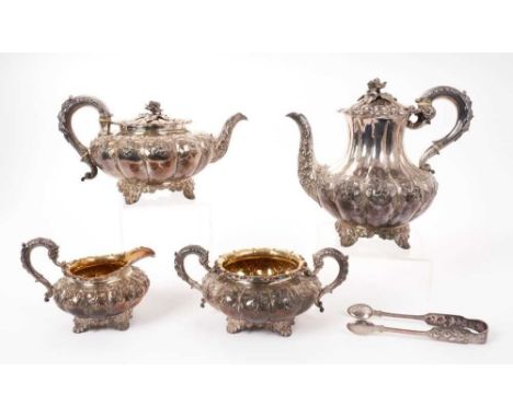 Fine quality Victorian four piece silver tea and coffee service, comprising teapot of melon form, with embossed foliate and f