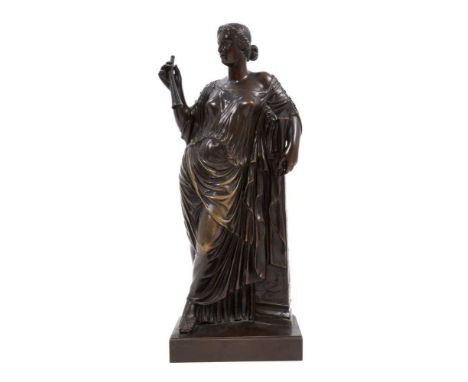 19th century continental bronze figure of a Classical muse emblematic of music, raised on rectangular plinth, 27cm high. Prov