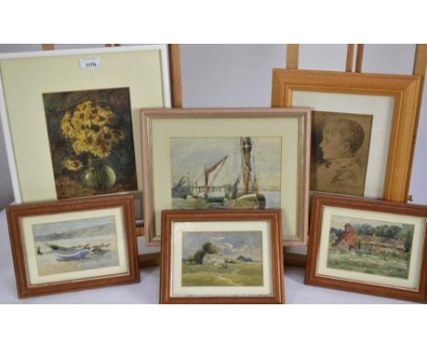 Thurston Laidlaw Shoosmith (1865-1933) six watercolours to include rural landscapes, portrait of a child and still life of fl