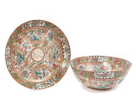 A 19th century Chinese Canton famille rose porcelain bowl and dish for the Arabic market, the centre of each piece with a rou