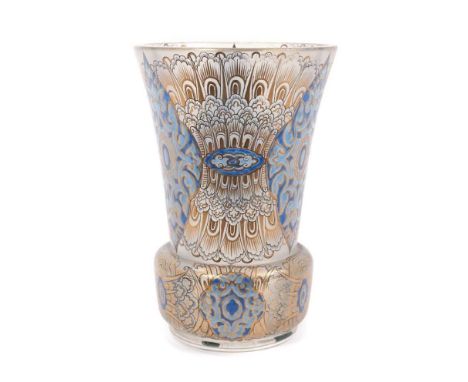 Good quality continental enamelled glass vase, late 19th/early 20th century, with foliate motifs in blue and gold, possibly f