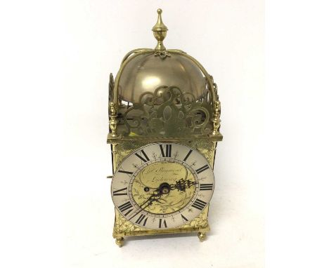 Victorian brass 17th century style lantern clock signed Charles Raymond, Lydenay striking on bell with twin fusee movement, 4