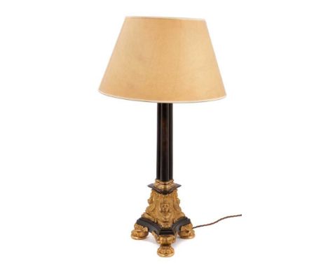 Fine Empire style bronze and ormolu table lamp, with cluster column on spread triangular moulded stepped base with sphinx orn