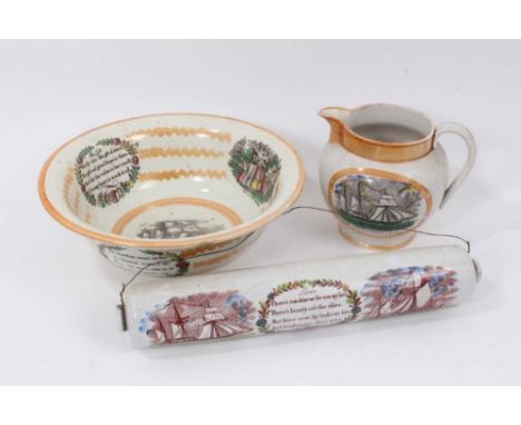 A Victorian Sunderland lustre jug and bowl depicting 'The Unfortunate London', together with a ceramic rolling pin also decor