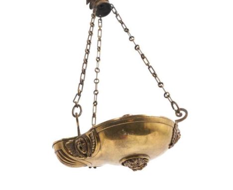 Antique Classical revival bronze oil lamp form lantern, with theatrical mask ornament, suspended from ceiling boss, 26cm long