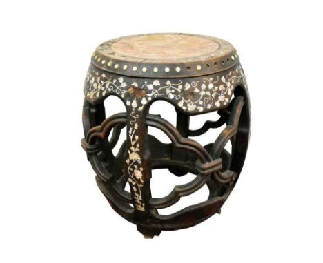 19th century Chinese garden seat, of pierced drum form, with marble top and mother of pearl inlay, 59cm high