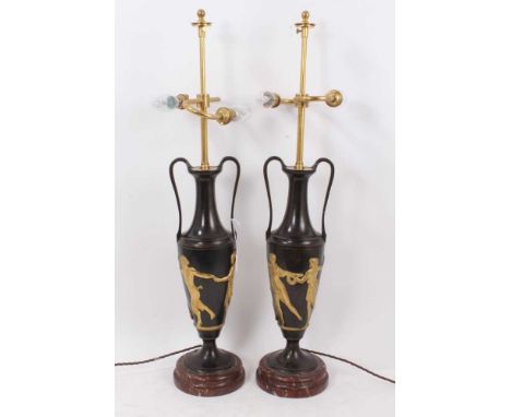 Pair of 19th century bronze and ormolu slender classical table lamps, each of slender twin handled form, decorated in low rel