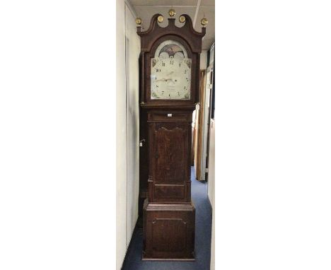 Early 19th century 8-day long case clock with arched painted dial signed G. Burton Uttoxeter, With ship and lunar arch, oak c