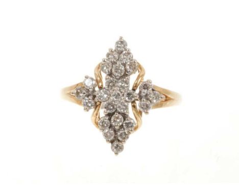 Diamond cluster ring with a marquise shape cluster of brilliant cut diamonds in claw setting on 18ct yellow gold shank. Estim