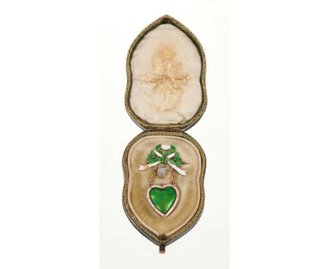 Late Victorian gold and enamel heart shaped pendant brooch by Child &amp; Child, the green and white enamel bow suspending a 