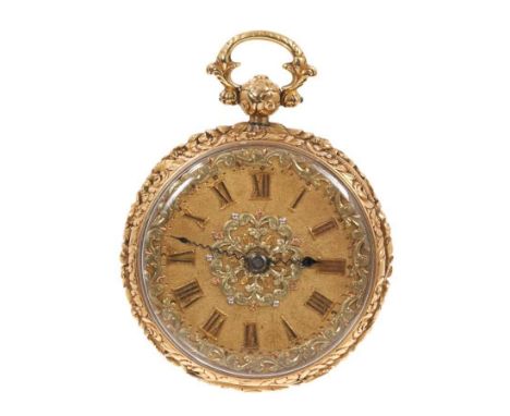 George IV Gentlemen's 18ct gold open faced lever pocket watch, gold dial with Roman numerials and blued steel hands, engine t