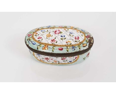 South Staffordshire ‘green chintz’ ground oval snuff box and cover, circa 1760, with repeat floral reserve to the slightly do