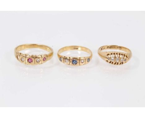 Three Victorian 18ct gold diamond and gemstone dress rings (3)Diamond five stone ring- hallmarked 18ct, Birmingham, date lett