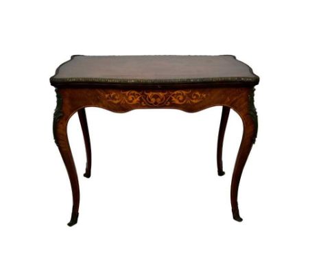 Victorian burr walnut and ormolu mounted serpentine card table, quarter-veneered fold-over top enclosing baize lined playing 