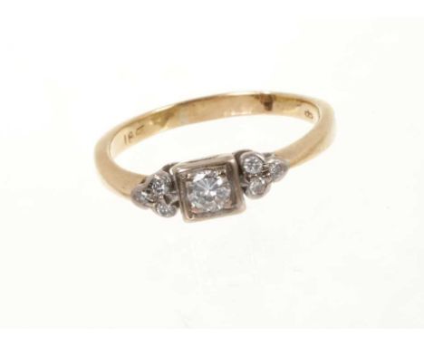 Diamond ring with a central brilliant cut diamond estimated to weigh approximately 0.20cts in square setting flanked by diamo