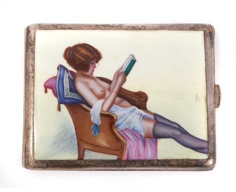 Early 20th century Alpaca and enamel erotic cigarette box, slightly bowed form, depicting a seated girl reading, stamped to t