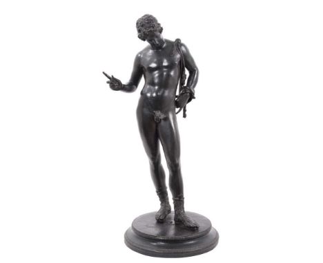 Large 19th century Grand Tour bronze figure of Narcissus, richly patinated, raised on circular spread base, 64cm highLoss to 