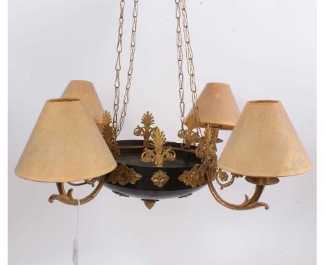 Empire style four branch gilt metal ceiling light, compressed form, applied with floral bosses and anthemion ornament, with s