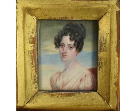 Manner of Henry Eldridge (1768-1821) miniature portrait on ivory of a lady, bust length, facing to the left, 6.5cm x 5.5cm, i