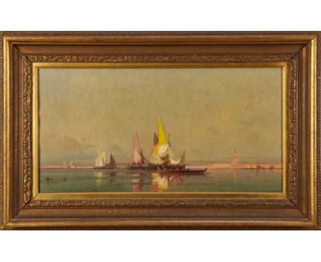 Etienne Leroy (1828-1876) oil on canvas - 'Fishing Craft on the Lagoon, Venice', signed, 35cm x 65cm, in gilt frame Provenanc