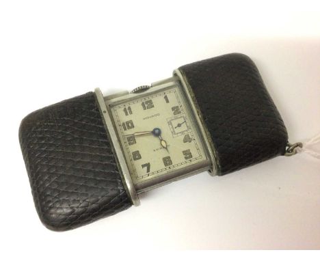 Movado Ermeto travel watch or purse watch, in sliding leather covered case, c.1920s-1930s with folding easel support 5.5 cm (