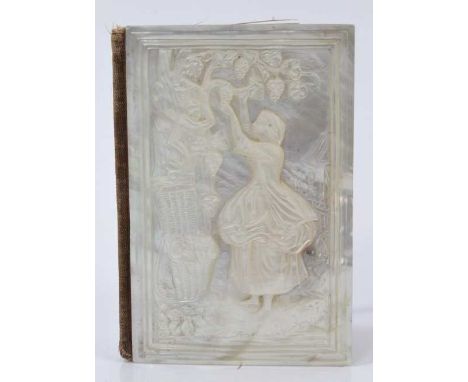 19th century French carved mother of pearl note book with relief carved decoration of fruit picker, the silk lined interior w